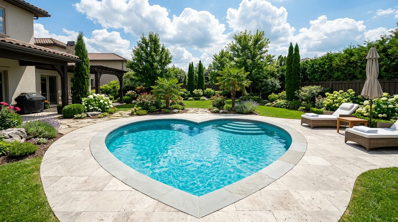 A luxurious private home backyard featuring a heart-shaped swimming pool as the clear focal point, filled with vivid
