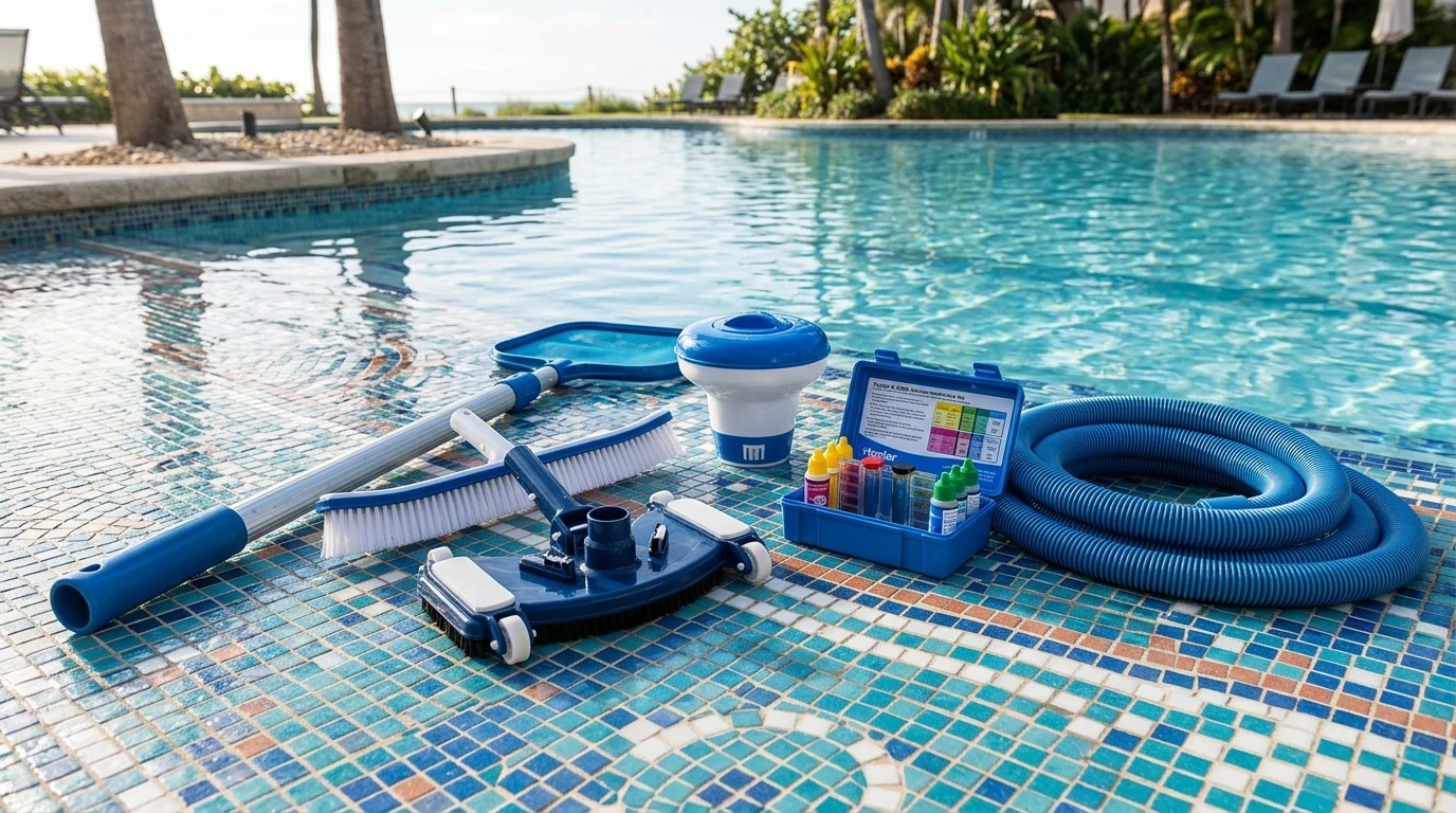 Pool cleaning tools on a mosaic deck beside blue water