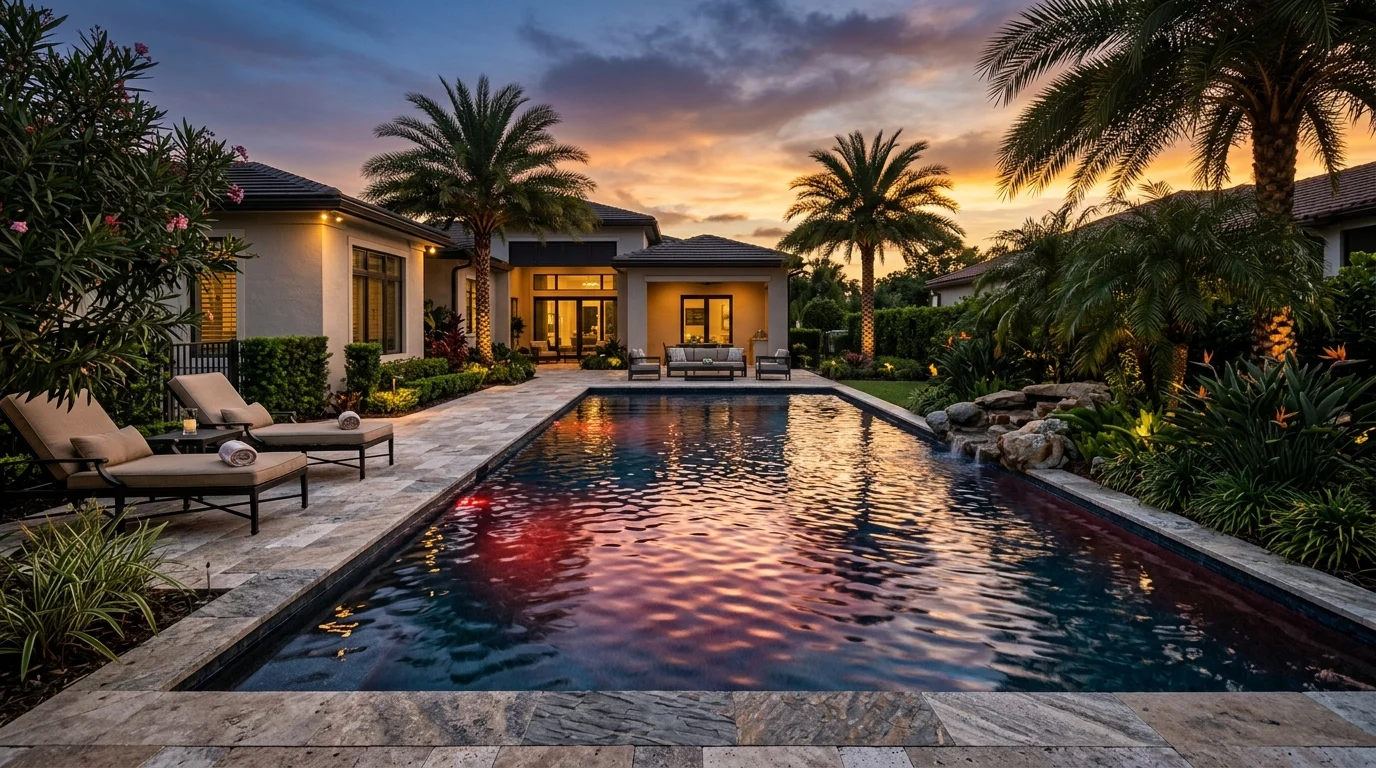Elegant backyard pool glowing under twilight palm silhouettes