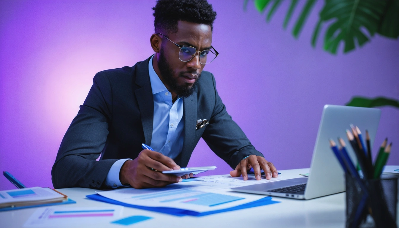 Focused business professional in a sleek modern office with